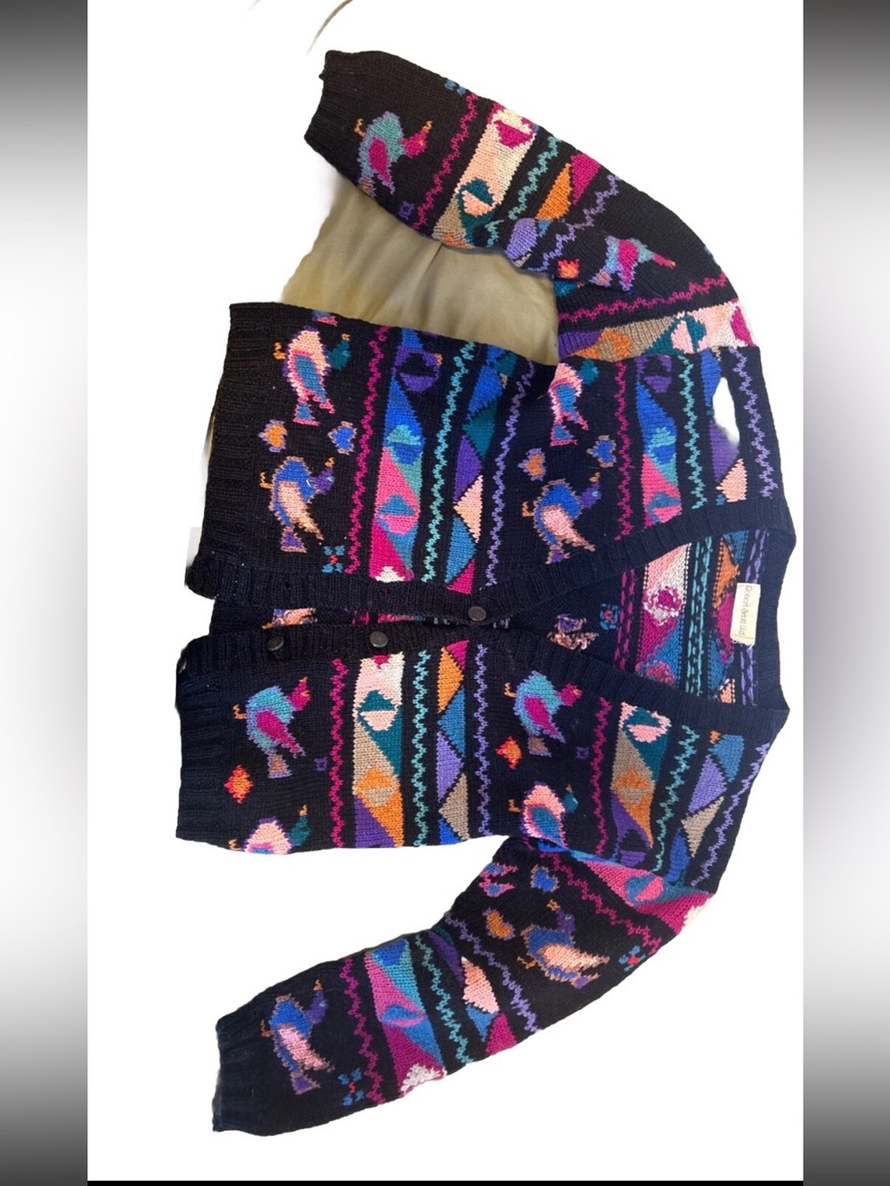 Black Multicolor Geometric & Bird Knit Cardigan Sweater. DUCK CARDIGAN.